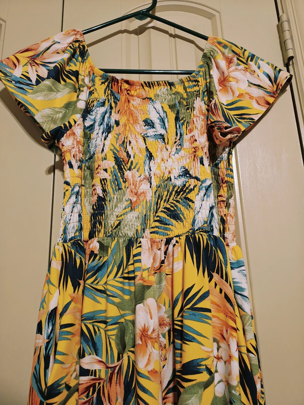 Tropical Smocked Off-Shoulder Girls Dress Sz 14 - Yellow Floral